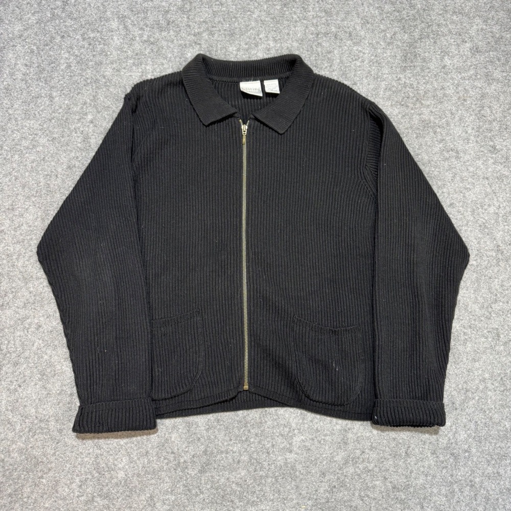 Hastings & Smith Womens XL Black Ribbed Full Zip Cotton Cardigan Sweater Pockets
